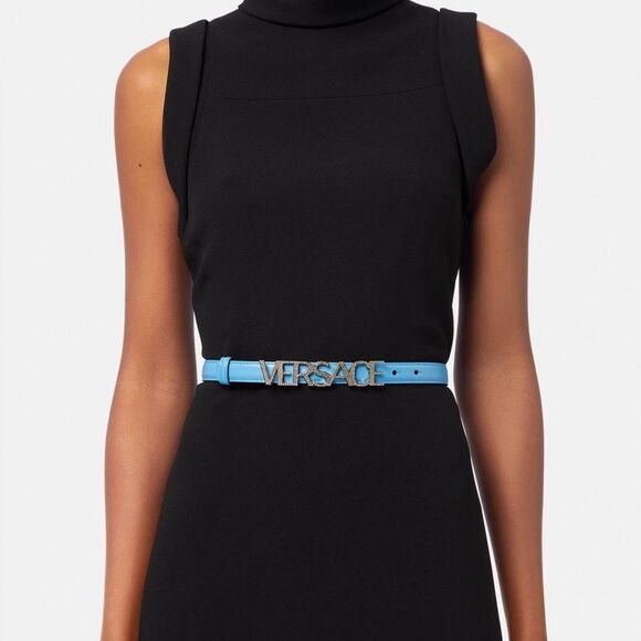 Versace Logo Plaque Crystal Belt Blue Size 90 NWT